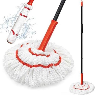A string mop on a hard floor, ready for cleaning.
