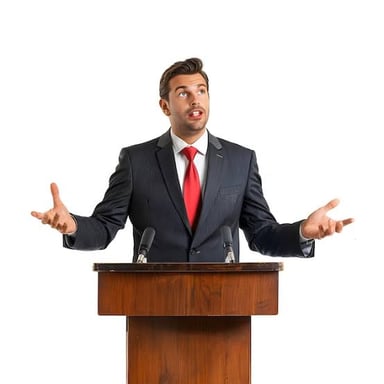 A speaker delivering a speech at a podium.