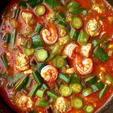 Green okra pods beside a bowl of gumbo.