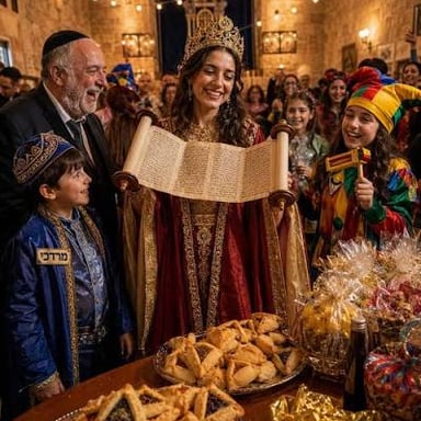 A Purim celebration associated with costumes and the reading of the Book of Esther.