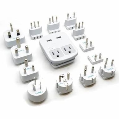 A travel plug adapter with connectors designed for different outlet shapes.