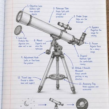 A refracting telescope showing its objective lens and eyepiece at opposite ends.