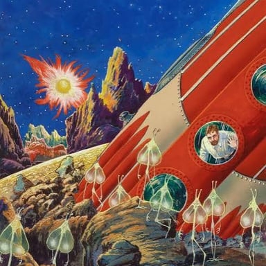 A fictional extraterrestrial figure against a starry space background