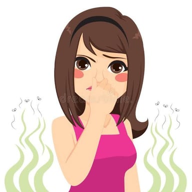 A person scrunching their nose in reaction to a bad smell.