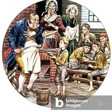 An illustration of Oliver Twist asking for another helping of gruel