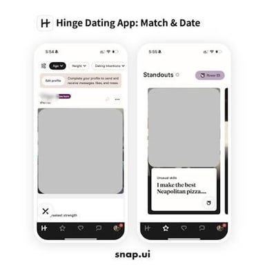 The Hinge dating app, shown with its name and profile-based interface.