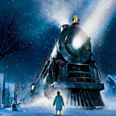 The Polar Express train carrying passengers through a snowy landscape toward the North Pole.