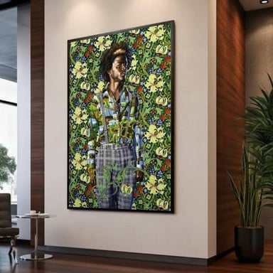 A portrait by Kehinde Wiley, whose work often pairs contemporary subjects with decorative backgrounds.