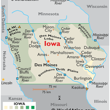 A map highlights Iowa, its capital Des Moines, and its position between the Mississippi and Missouri river regions.