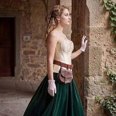 A structured corset bodice worn as part of theatrical costume.