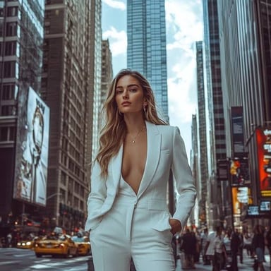 A sophisticated person dressed elegantly in an urban setting