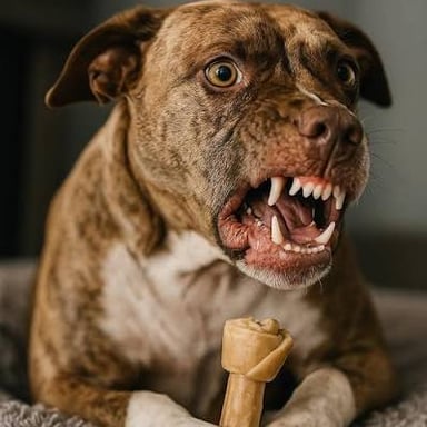 A dog guarding a bone with a warning expression.