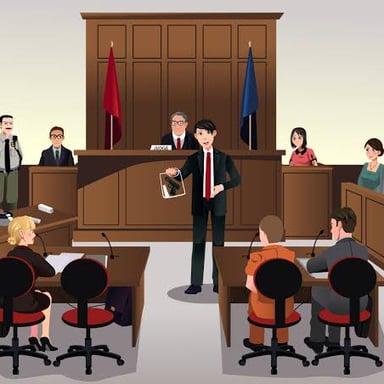 A courtroom during a trial, with attorneys presenting their case before a judge.