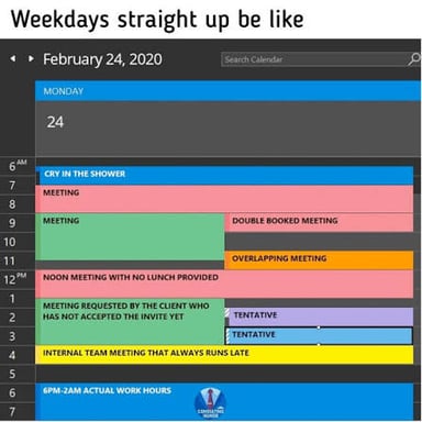 A calendar filled with meeting appointments, suggesting too many meetings.