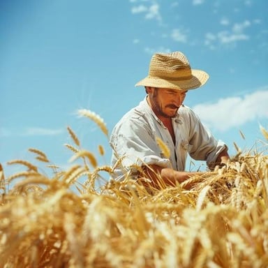 A farmer harvesting grain in a field.