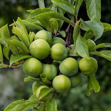 Firm, unripe fruit still growing on a tree.