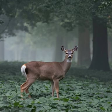 A doe, or female deer, stands among trees.