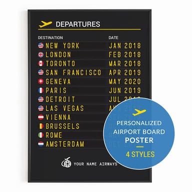 An airport departures board listing flights and their departure times.