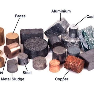 Samples of bronze and steel illustrate metals made from combinations of elements.