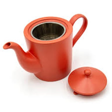 A teapot shown with its projecting pouring spout.