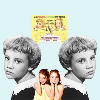 Promotional image for Disney’s The Parent Trap, a comedy about twin sisters who meet at camp.