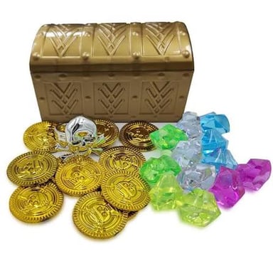 A chest filled with coins and jewelry represents a pirate's haul