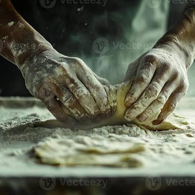 Hands pressing and folding bread dough on a floured work surface.