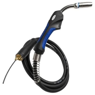 A welding torch joining two pieces of metal with heat.