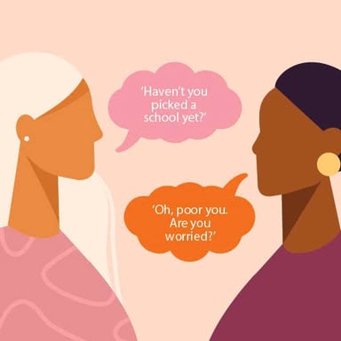 An illustration of a person asking another person intrusive questions.