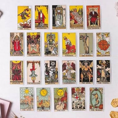 Tarot cards showing examples from the Major and Minor Arcana