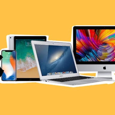 Apple logo alongside examples of its iPhone and iPad products