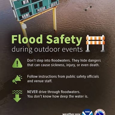 Rain falls over an outdoor event, illustrating a cause of delay.