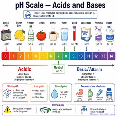 A pH scale showing acidic substances on one side and basic substances on the other.