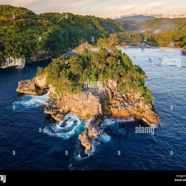 A small islet standing apart from the surrounding water.