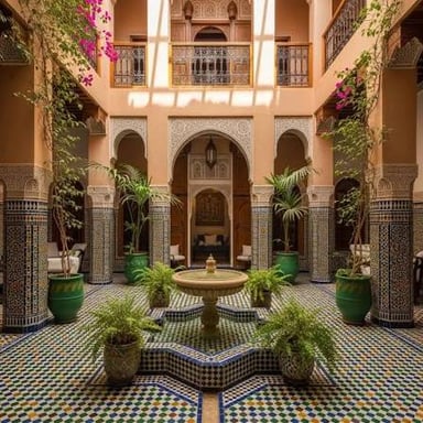 A Moroccan courtyard decorated with geometric zellij tilework.
