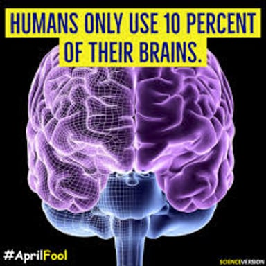 An educational illustration contrasting the 10-percent brain myth with actual brain activity.