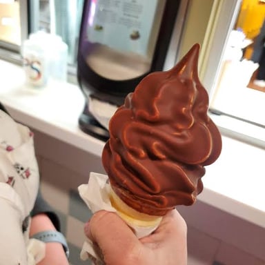 A soft-serve ice cream cone coated in a crisp chocolate shell.