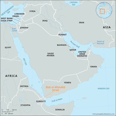 A map showing Yemen at the southwestern edge of the Arabian Peninsula.