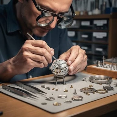 A watchmaker using precise tools on a small watch mechanism.
