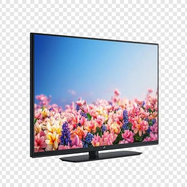 A thin flat-screen television displaying a colorful picture.