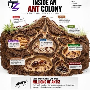 A worker ant tending to larvae in a colony nest.