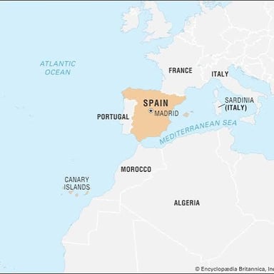 Map highlighting Spain on the Iberian Peninsula in southwestern Europe.