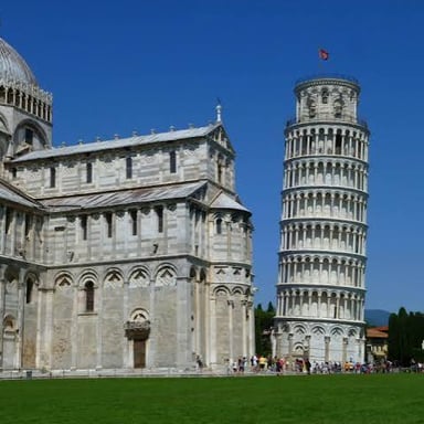 The Leaning Tower of Pisa, a tilted bell tower beside the cathedral in Pisa, Italy.