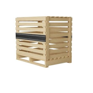 A sturdy wooden crate with slatted sides.