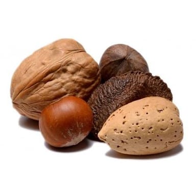 Pistachios and pecans, two edible foods commonly called nuts.