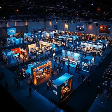 An expo inside a convention center with exhibition booths and attendees.