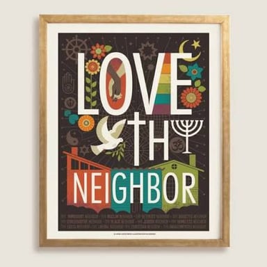 An illustration depicting people showing love and kindness to their neighbors.