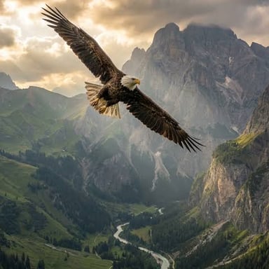 An eagle gliding high above a valley.