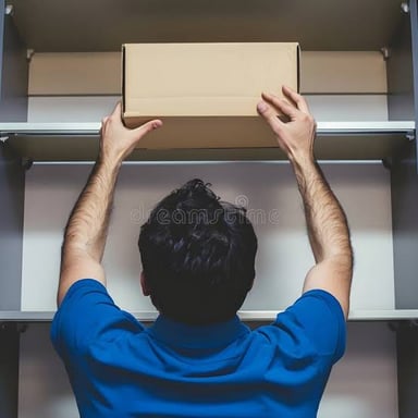 A person raising a box onto a shelf.