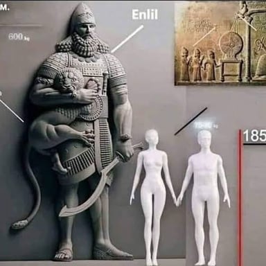 An ordinary person shown in contrast with a larger-than-life mythological figure.